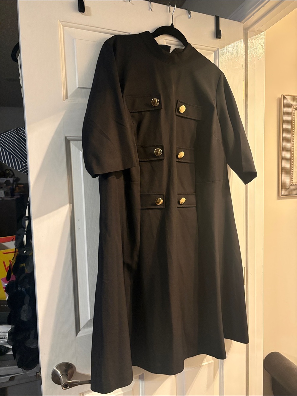 Eloquii Black Mid-Length Military Style Dress with Gold Buttons